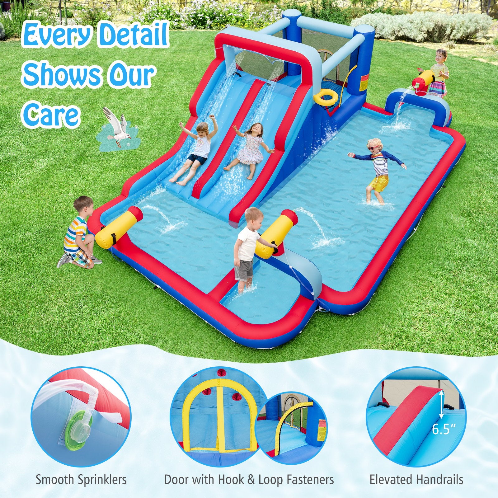 Inflatable Bounce House with 2 Water Slides and 3 Water Cannons With 750W Blower, Blue - Gallery Canada