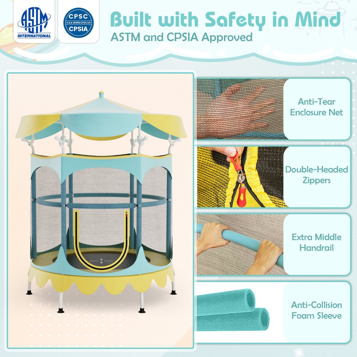 64" Kids Trampoline with Detachable Canopy and Safety Enclosure Net, Yellow Trampolines   at Gallery Canada