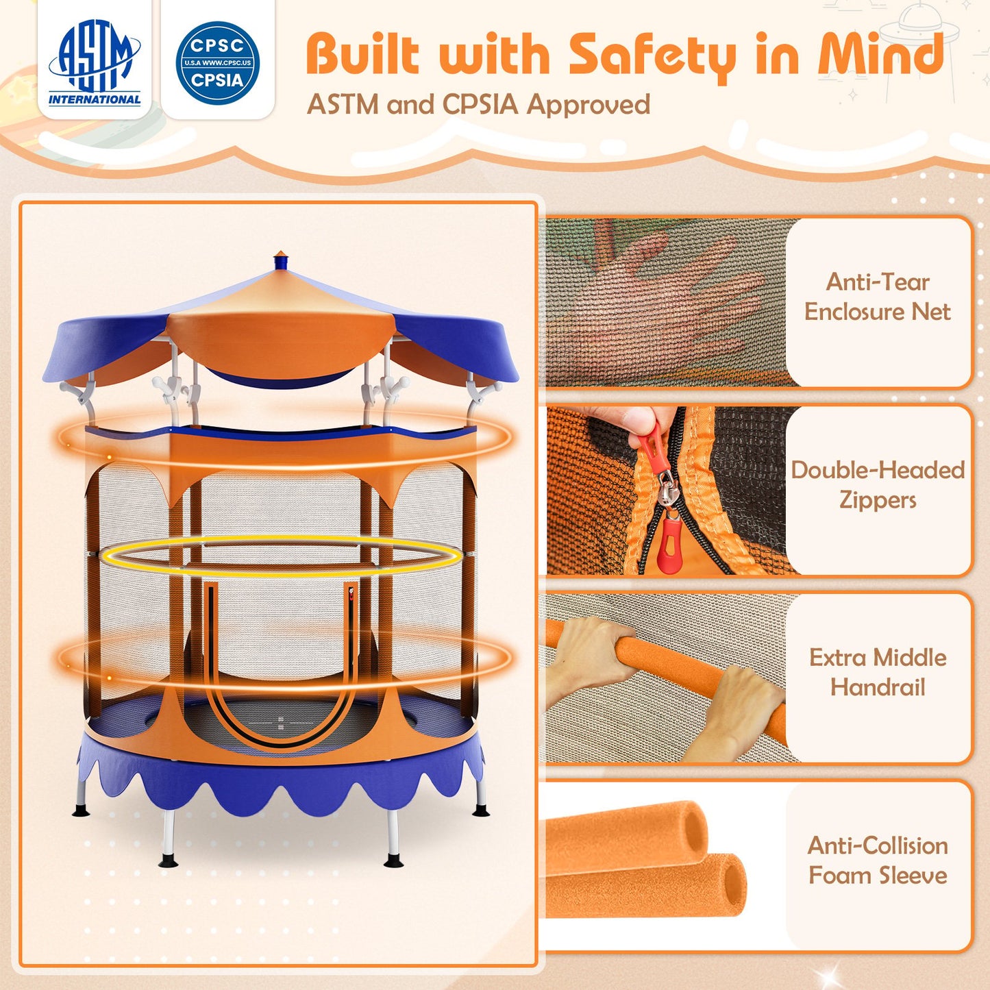 64" Kids Trampoline with Detachable Canopy and Safety Enclosure Net, Orange Trampolines   at Gallery Canada