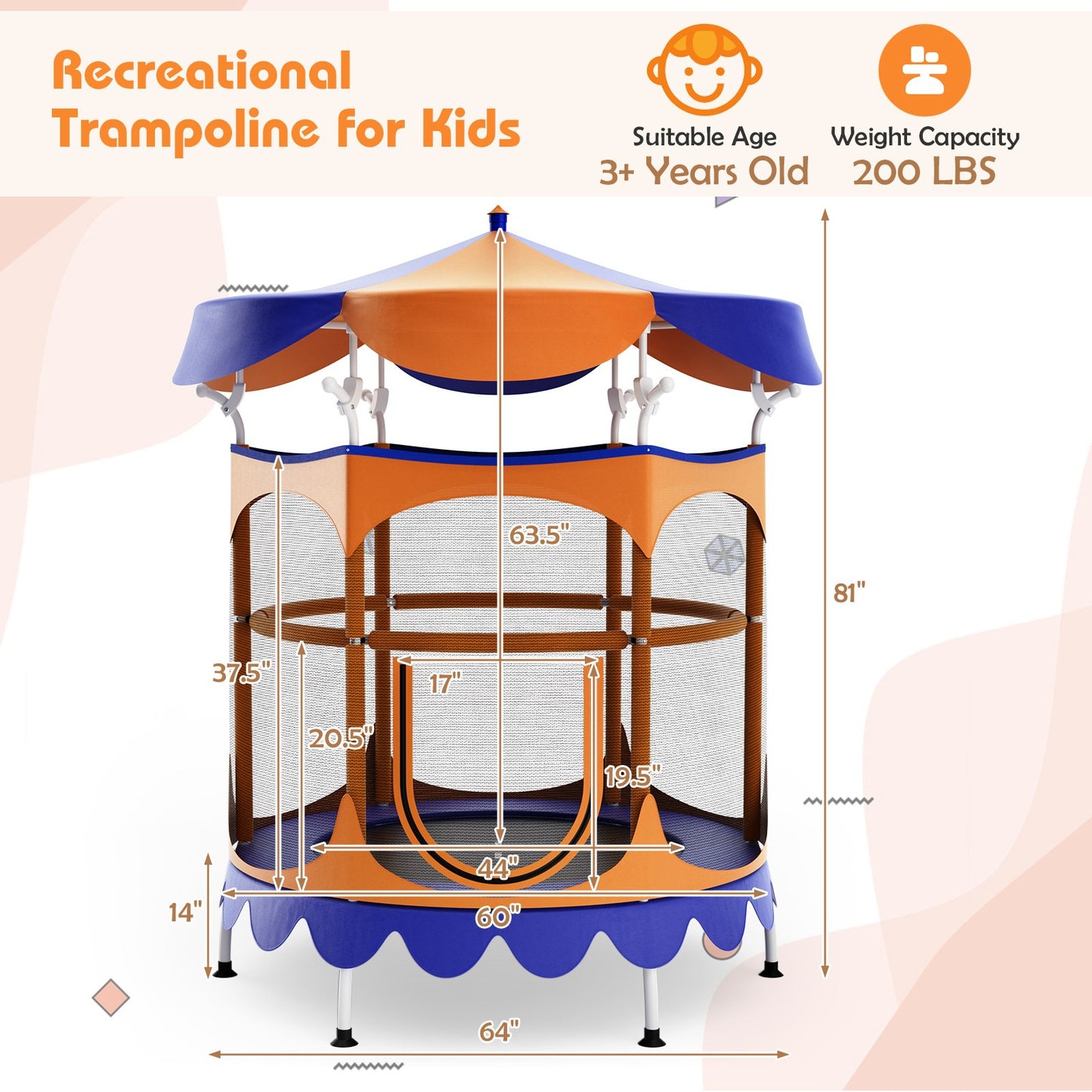 64" Kids Trampoline with Detachable Canopy and Safety Enclosure Net, Orange Trampolines   at Gallery Canada