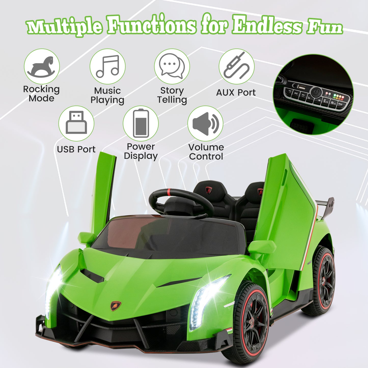 12V Licensed Lamborghini 4WD Kids Ride-on Sports Car with 2.4G Remote, Green Powered Ride On Toys   at Gallery Canada