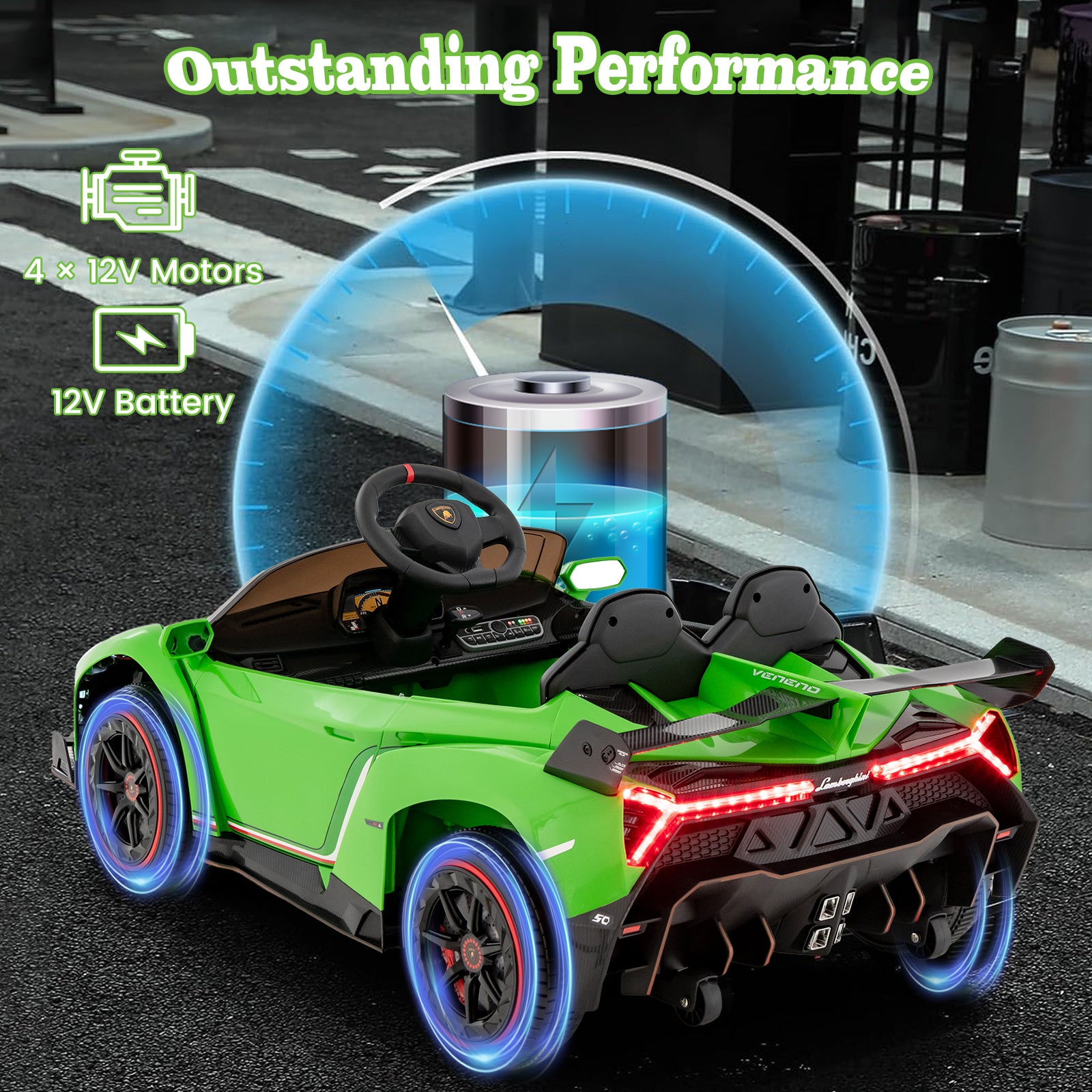 12V Licensed Lamborghini 4WD Kids Ride-on Sports Car with 2.4G Remote, Green Powered Ride On Toys   at Gallery Canada