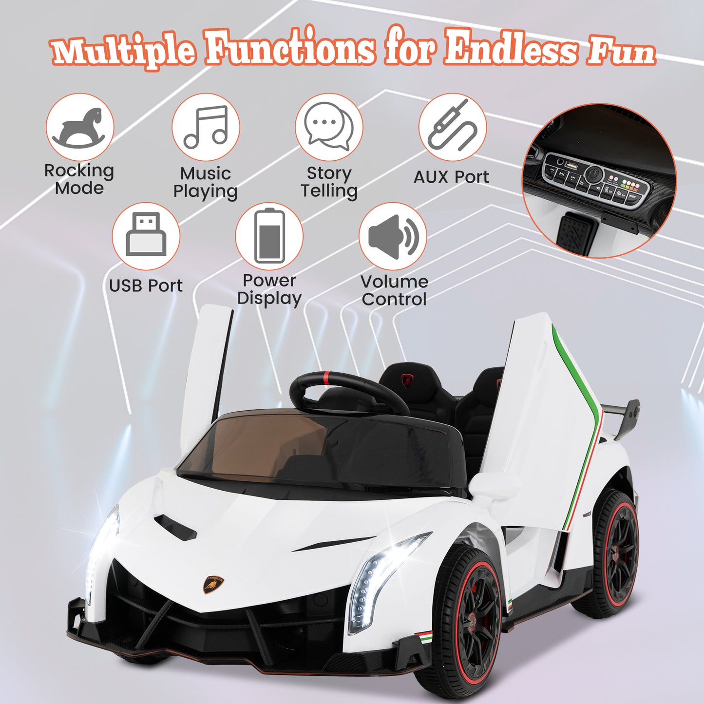 12V Licensed Lamborghini 4WD Kids Ride-on Sports Car with 2.4G Remote, White Powered Ride On Toys   at Gallery Canada