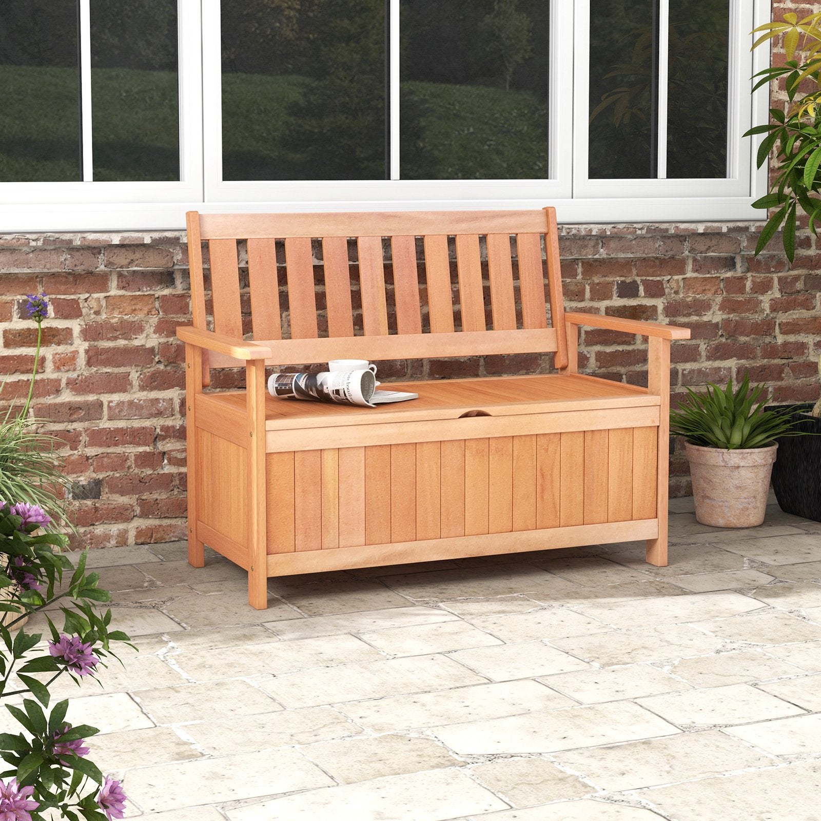 48 Inch Patio Wood Storage Bench with Slatted Backrest, Natural Sheds & Outdoor Storage   at Gallery Canada