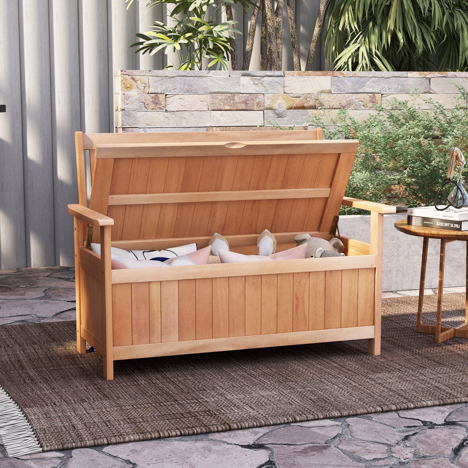 48 Inch Patio Wood Storage Bench with Slatted Backrest, Natural Sheds & Outdoor Storage   at Gallery Canada