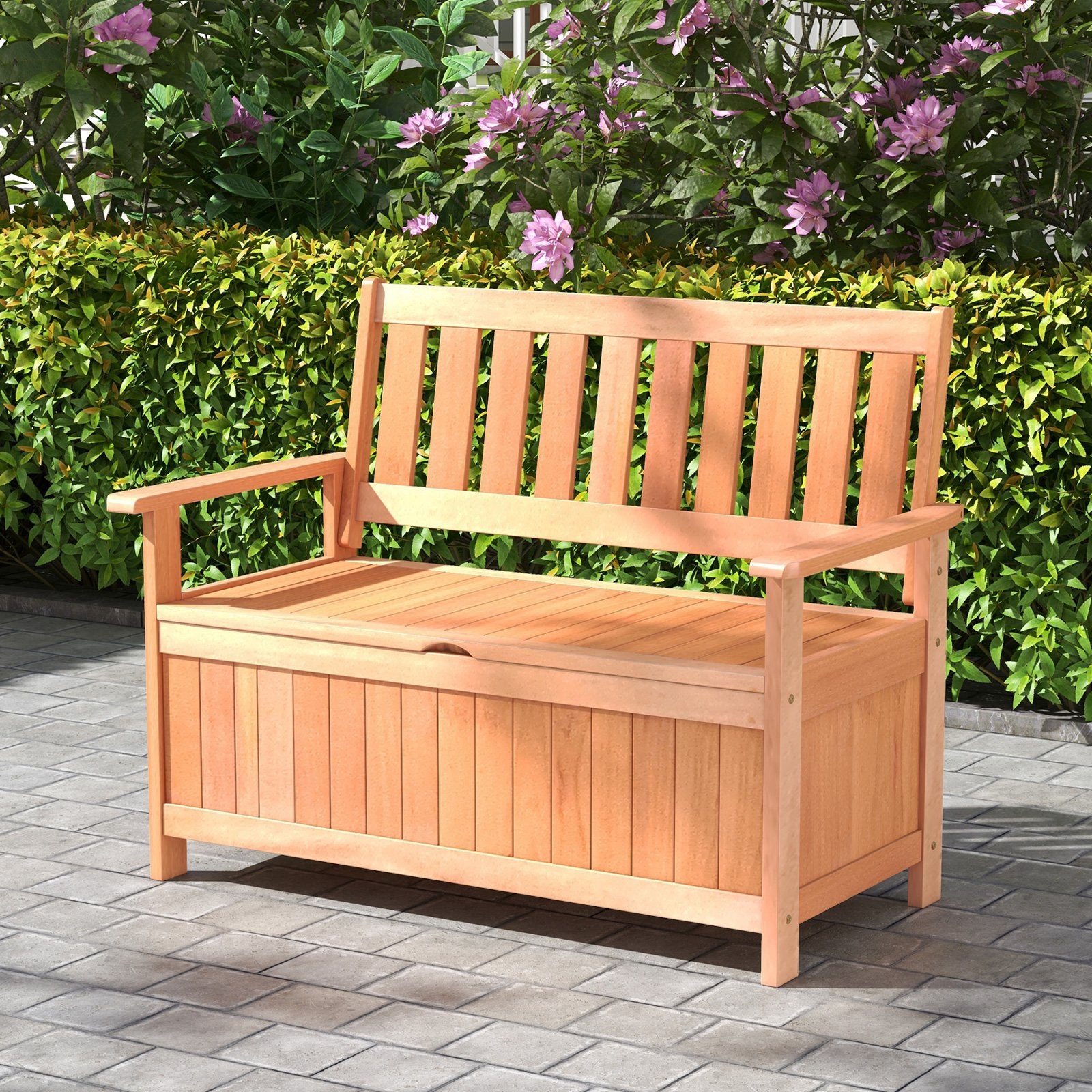 48 Inch Patio Wood Storage Bench with Slatted Backrest, Natural Sheds & Outdoor Storage   at Gallery Canada