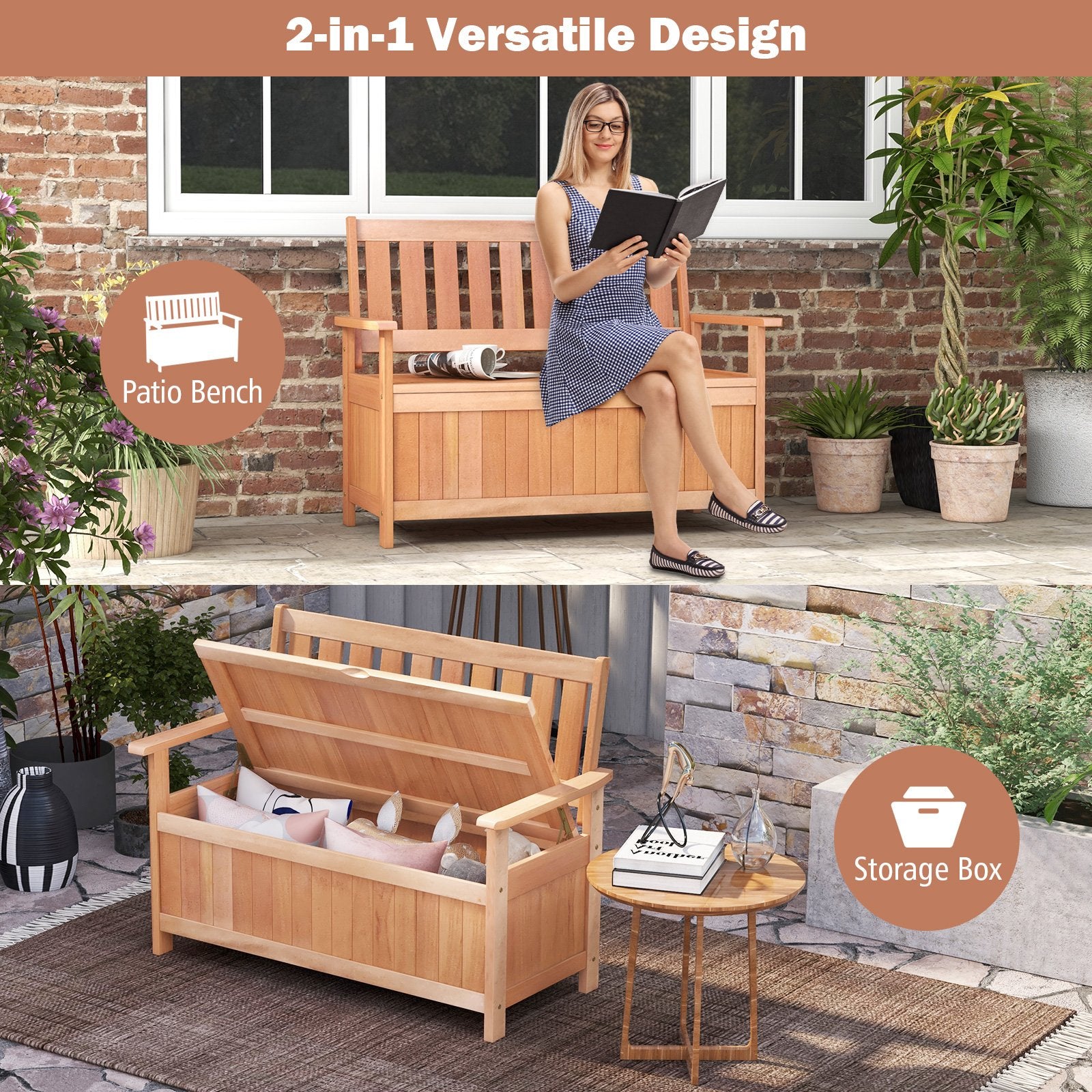 48 Inch Patio Wood Storage Bench with Slatted Backrest, Natural Sheds & Outdoor Storage   at Gallery Canada