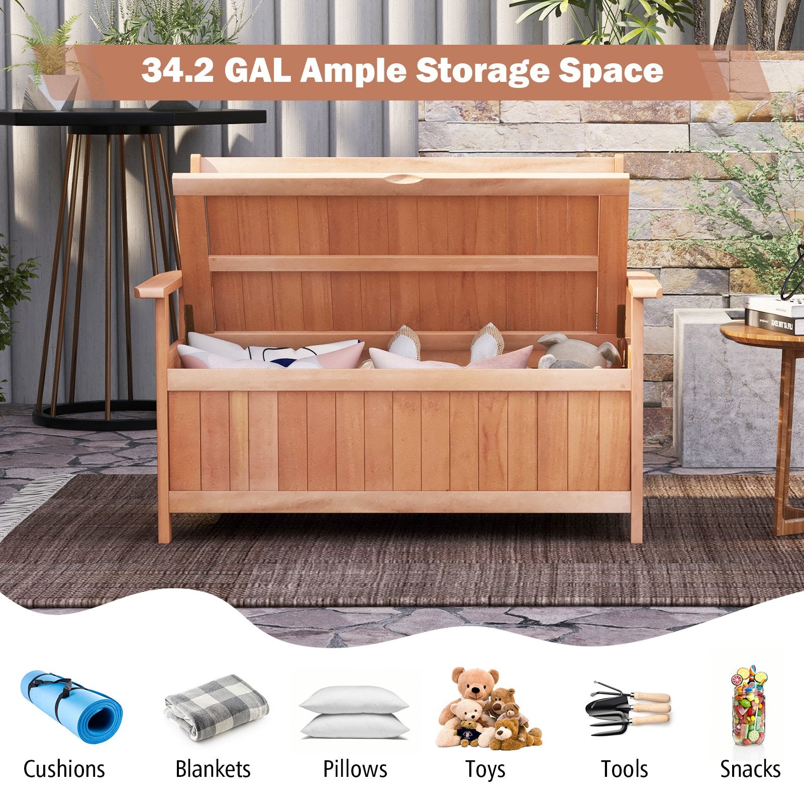 48 Inch Patio Wood Storage Bench with Slatted Backrest, Natural Sheds & Outdoor Storage   at Gallery Canada