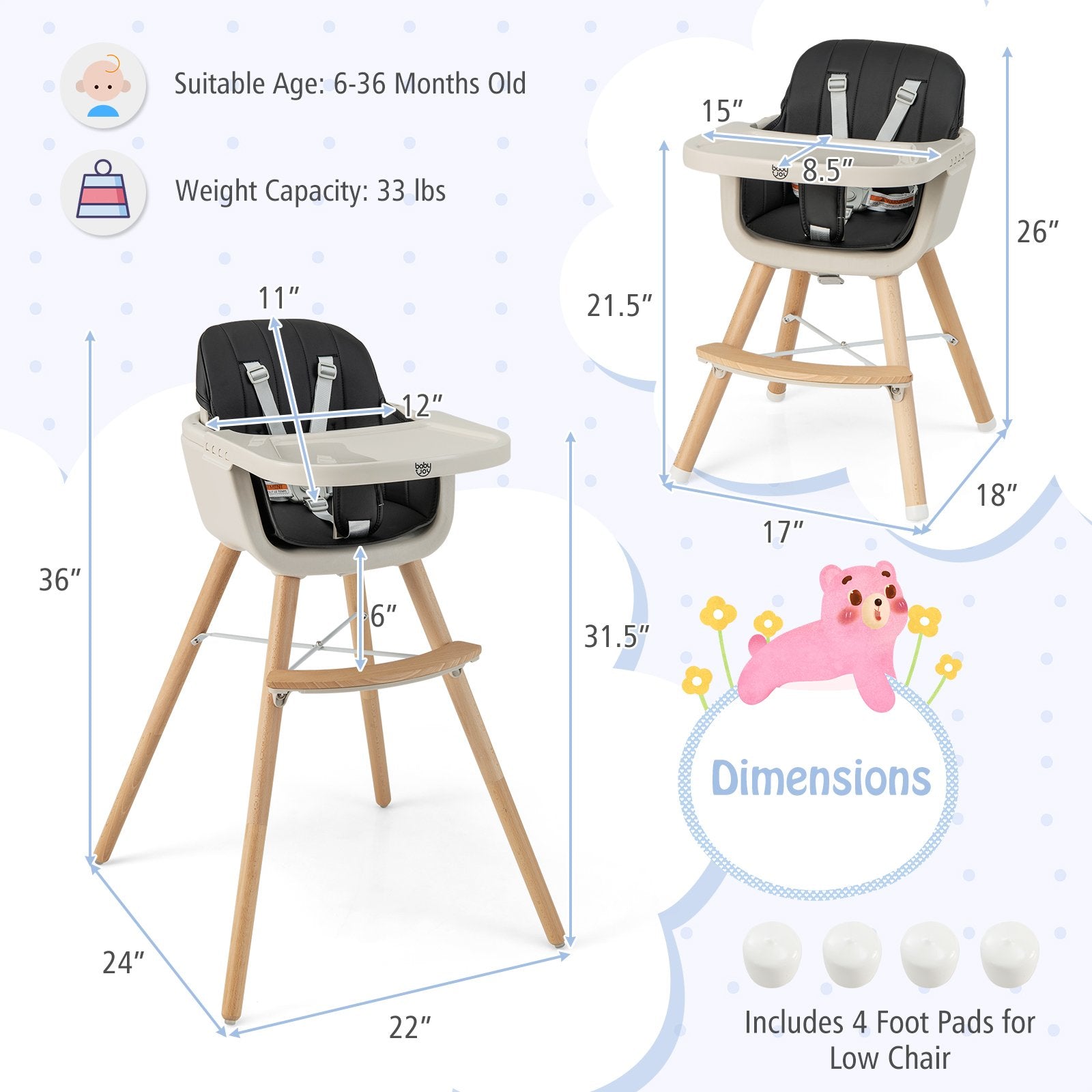 3-in-1 Convertible Wooden High Chair with Cushion, Black High Chairs   at Gallery Canada