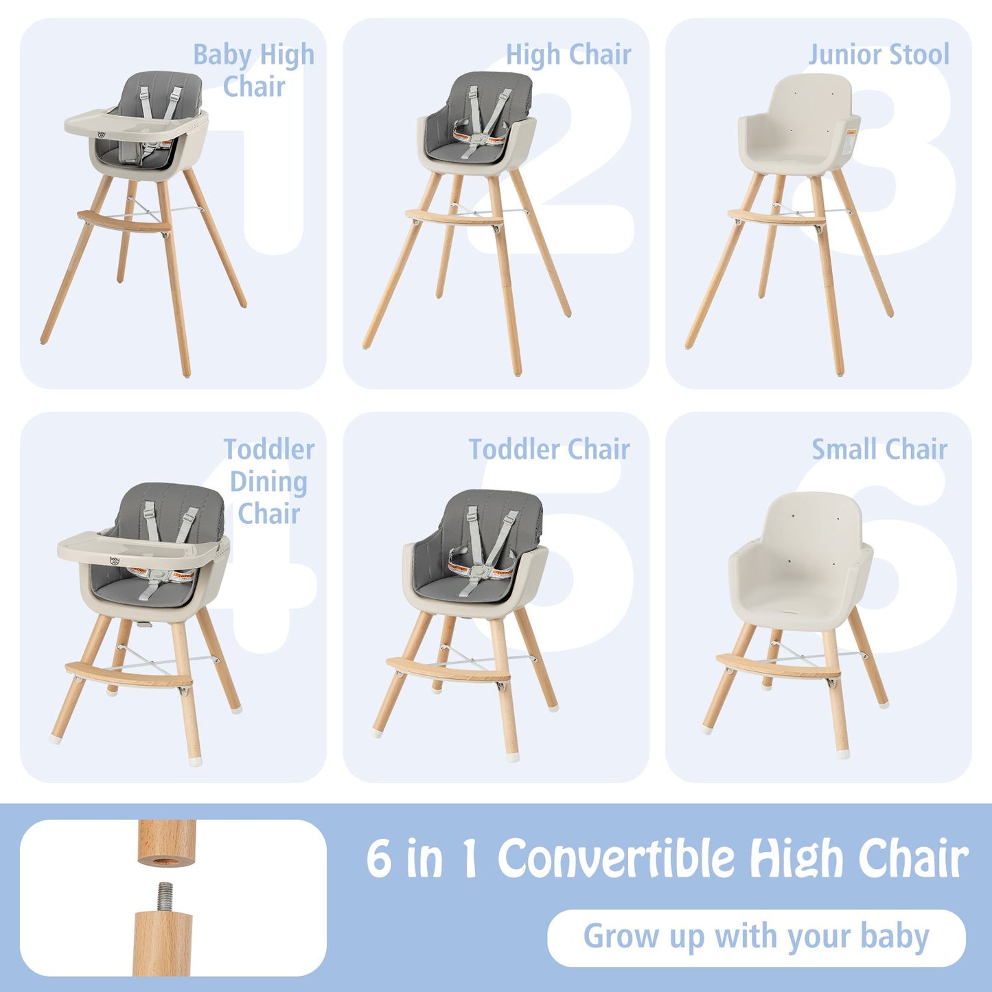 3-in-1 Convertible Wooden High Chair with Cushion, Light Gray High Chairs   at Gallery Canada