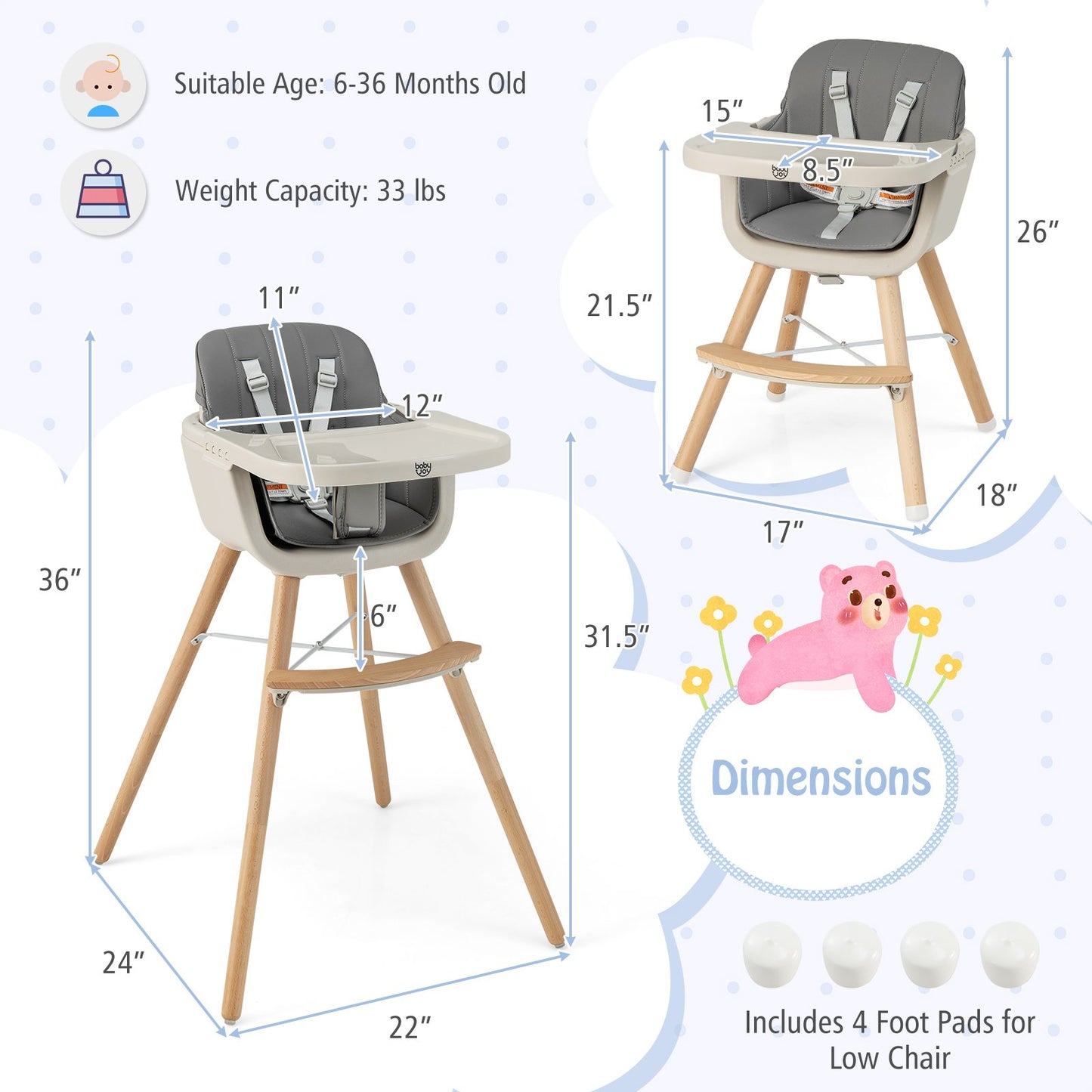 3-in-1 Convertible Wooden High Chair with Cushion, Light Gray High Chairs   at Gallery Canada