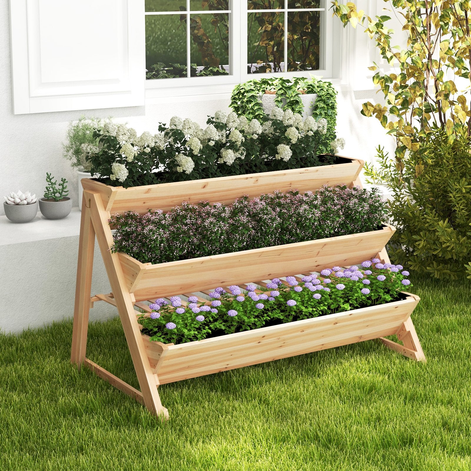 3-Tier Garden Bed with Storage Shelf  2 Hanging Hooks and 3 Bed Liners, Natural Raised Garden Beds   at Gallery Canada