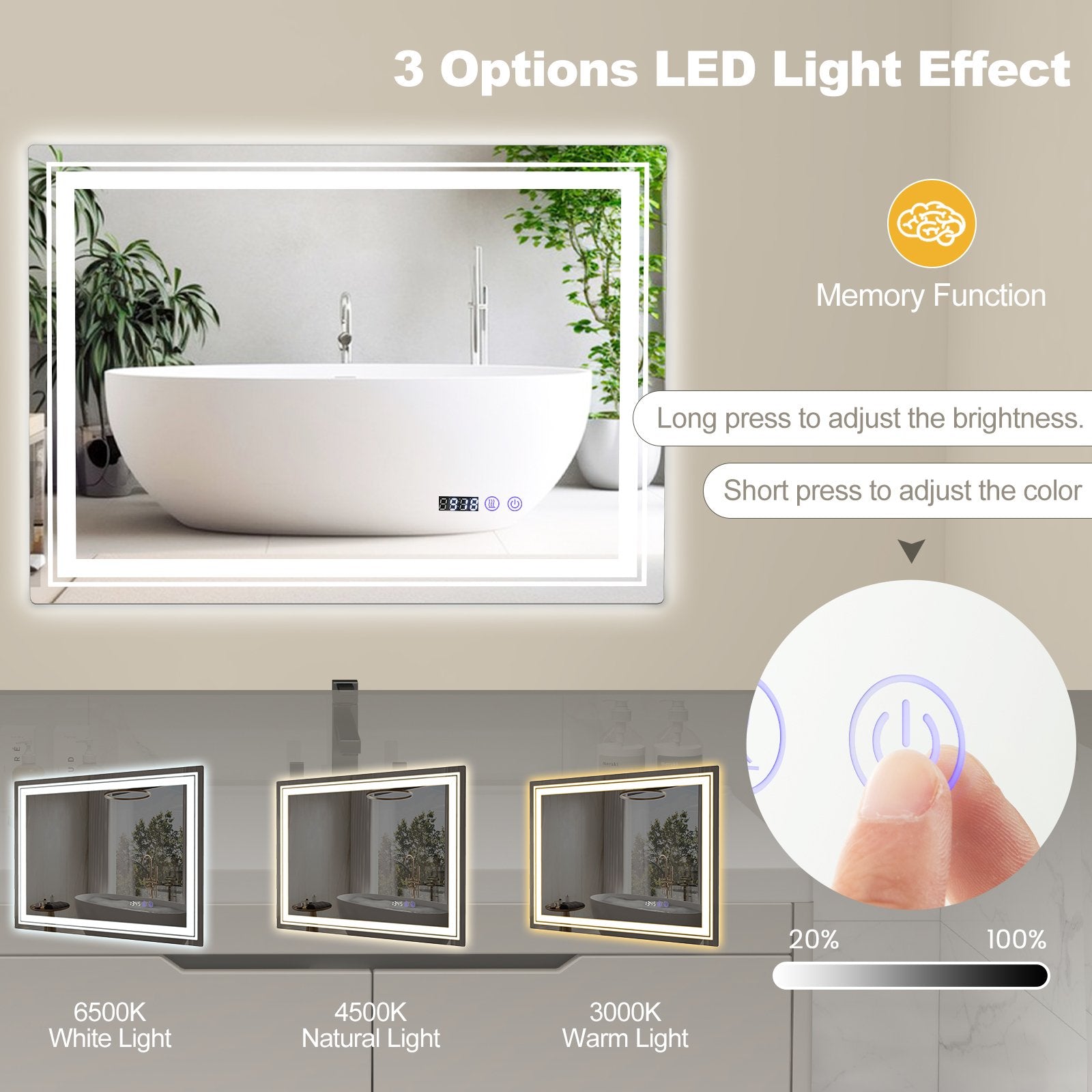 Defogging LED Bathroom Mirror with Memory Function and Anti-Fog-M Wall Mirrors   at Gallery Canada