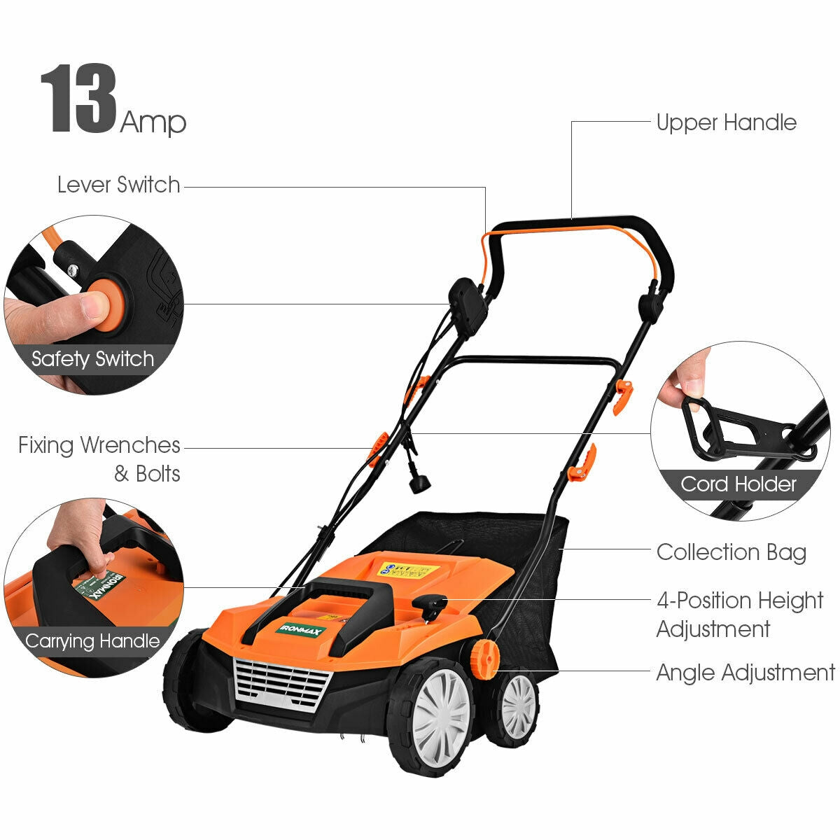 15 Inch 13 Amp Electric Scarifier with Collection Bag and Removable Blades, Orange Garden Tools at Gallery Canada
