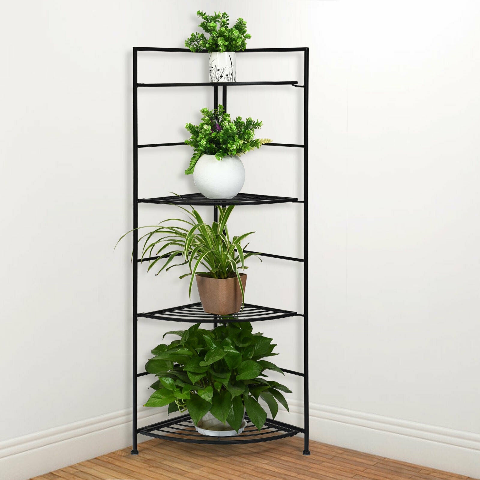 4 Tier Folding Metal Shelf Plant Stand Storage Open Shelf Corner Display Rack, Black Plant Stands at Gallery Canada