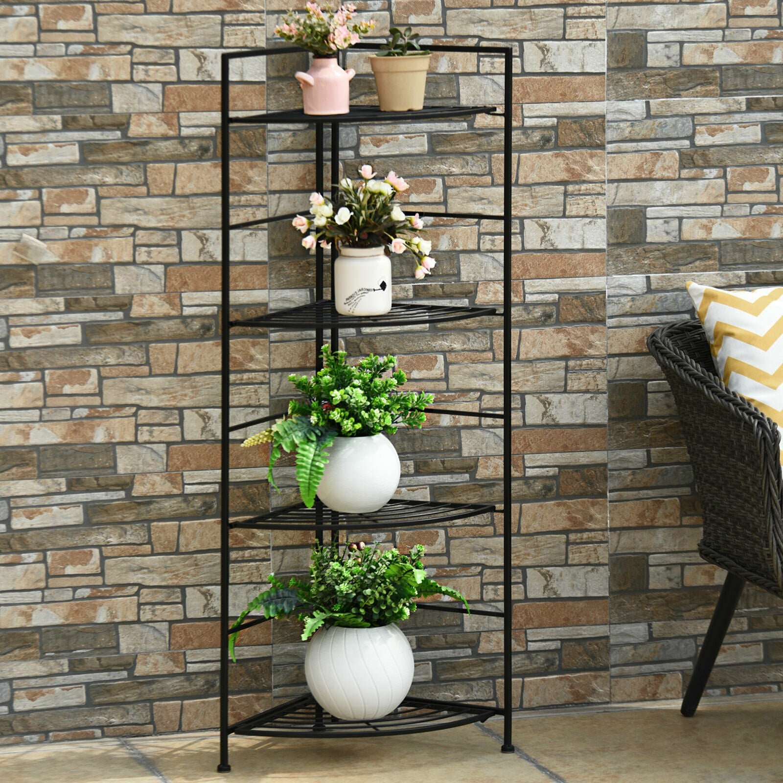 4 Tier Folding Metal Shelf Plant Stand Storage Open Shelf Corner Display Rack, Black Plant Stands at Gallery Canada