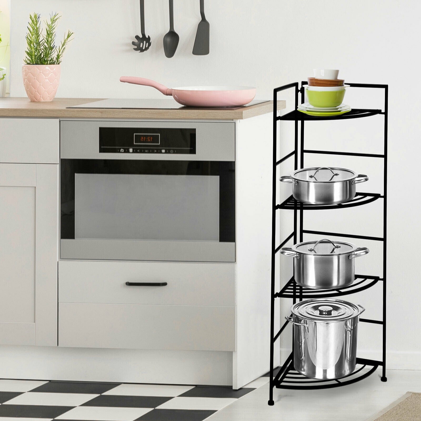 4 Tier Folding Metal Shelf Plant Stand Storage Open Shelf Corner Display Rack, Black Plant Stands at Gallery Canada