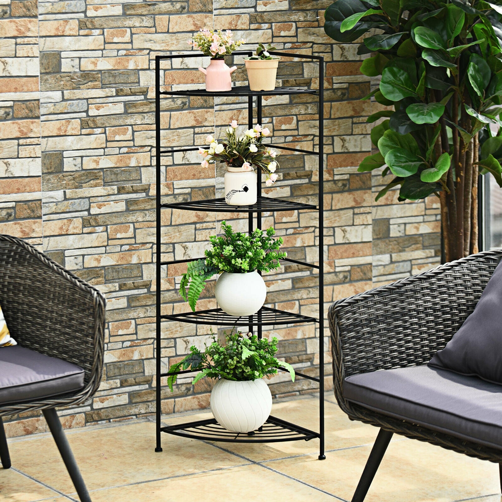 4 Tier Folding Metal Shelf Plant Stand Storage Open Shelf Corner Display Rack, Black Plant Stands at Gallery Canada
