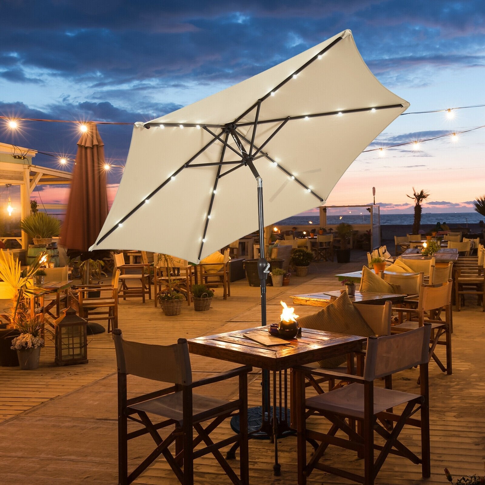 9' Solar LED Lighted Patio Market Umbrella Tilt Adjustment Crank Lift , Beige Outdoor Umbrellas   at Gallery Canada