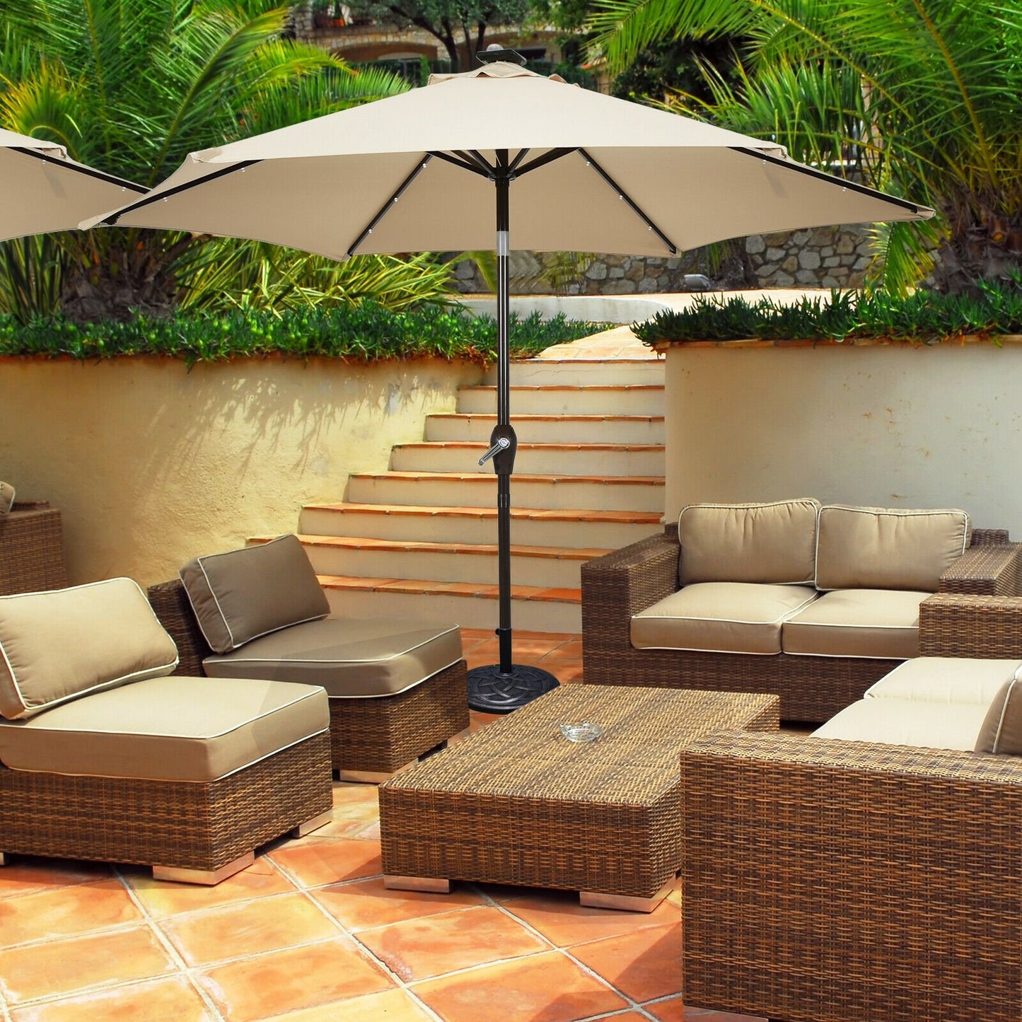 9' Solar LED Lighted Patio Market Umbrella Tilt Adjustment Crank Lift , Beige - Gallery Canada