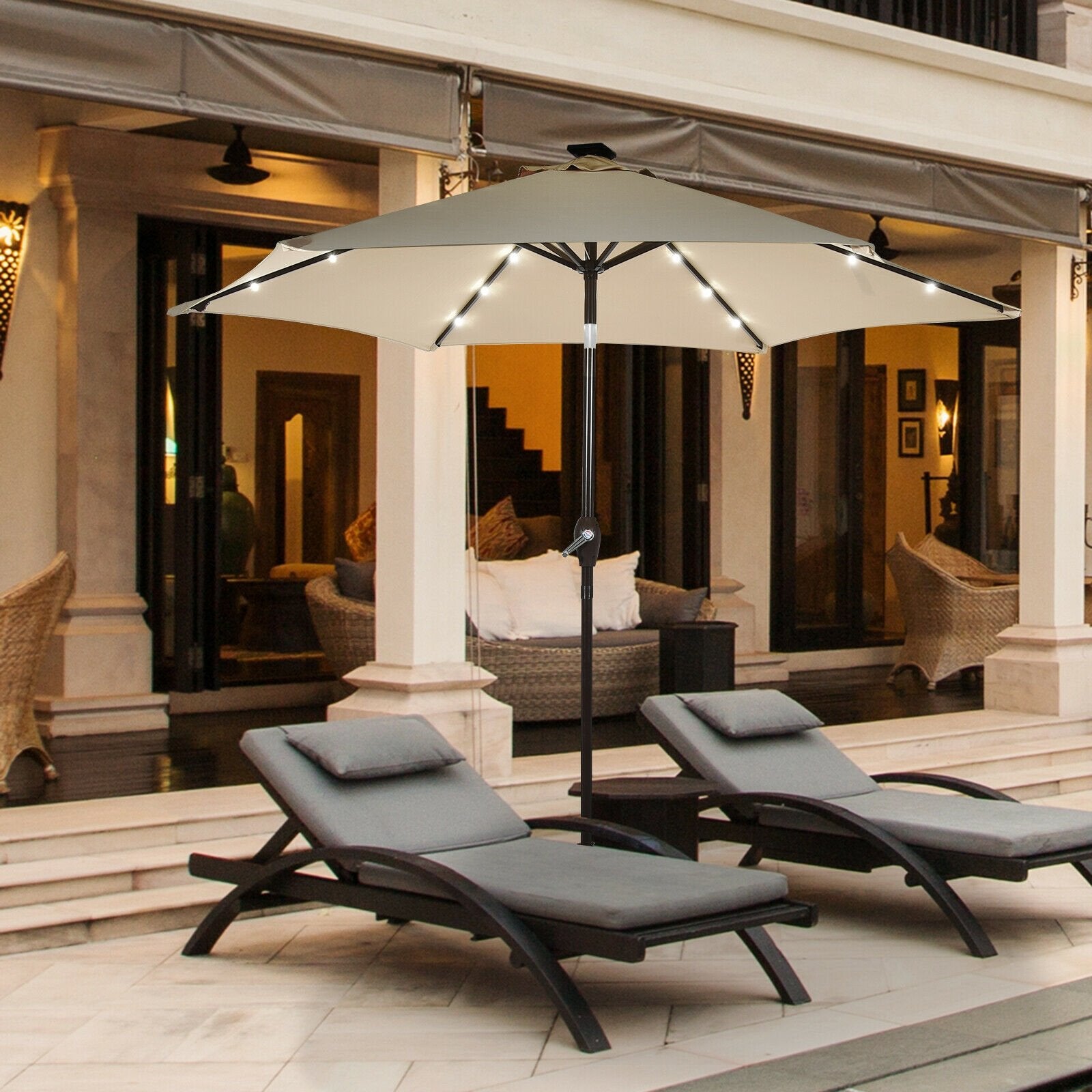 9' Solar LED Lighted Patio Market Umbrella Tilt Adjustment Crank Lift , Beige Outdoor Umbrellas   at Gallery Canada