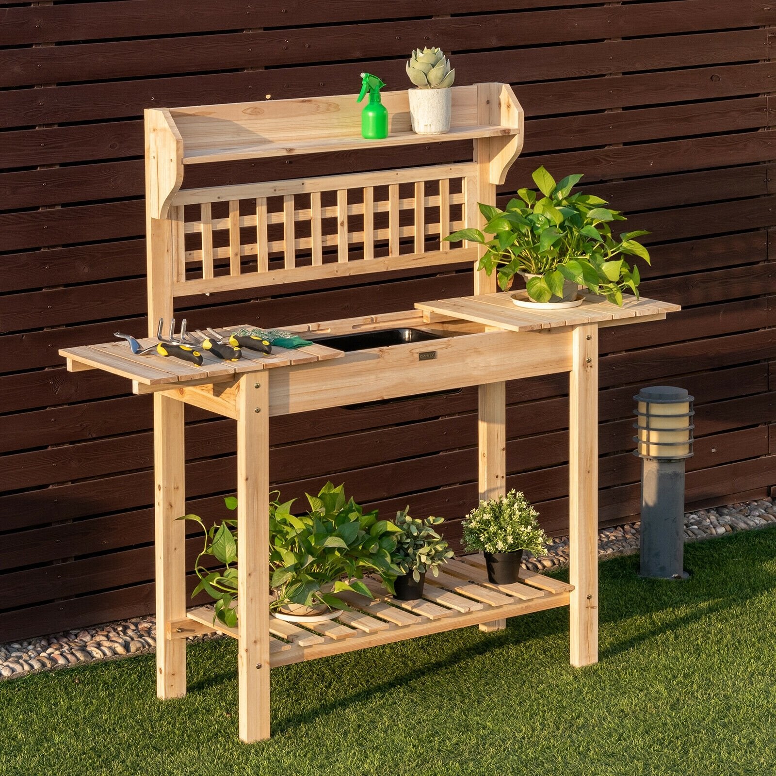 Garden Potting Bench Workstation Table with Sliding Tabletop Sink Shelves, Natural Potting Benches & Tables   at Gallery Canada