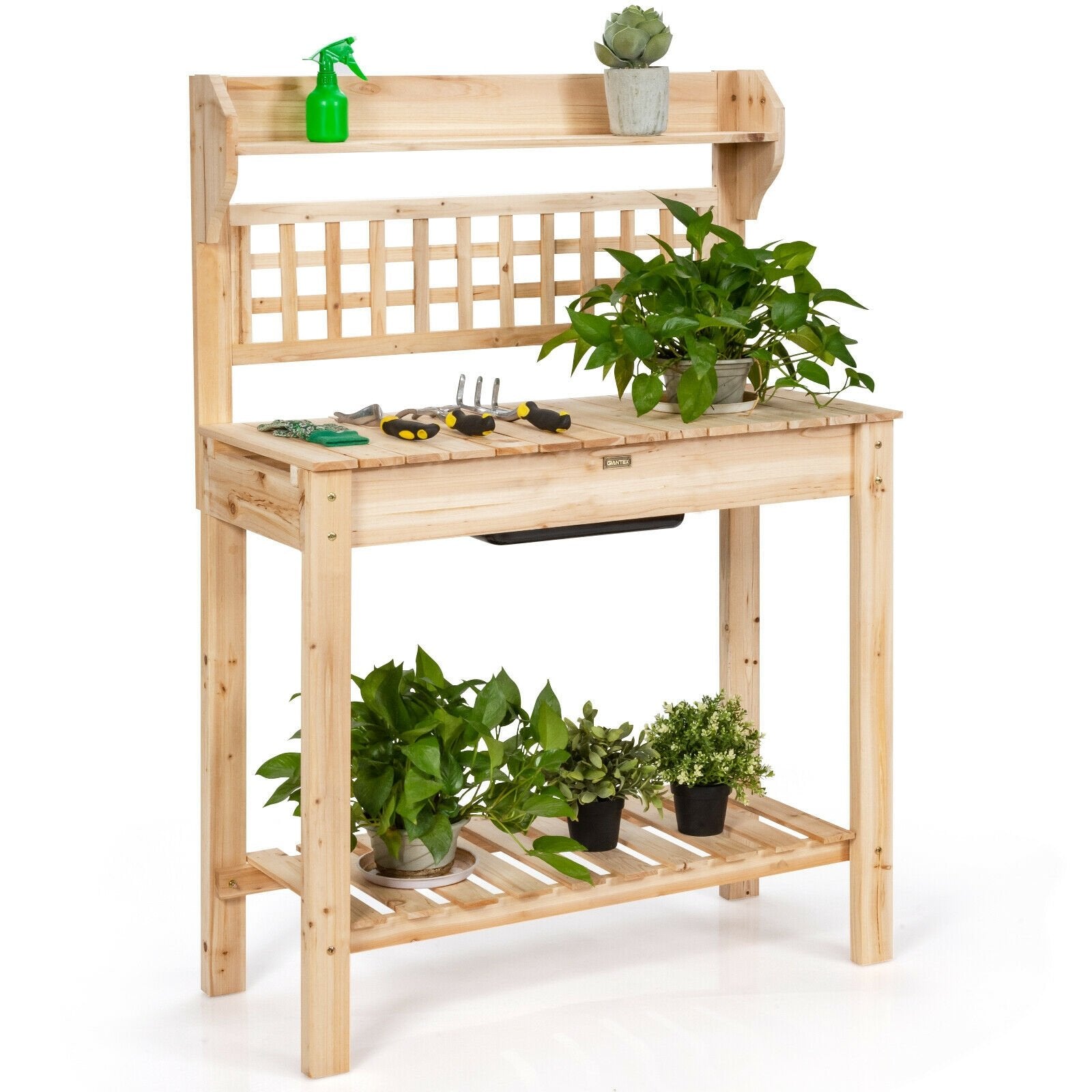 Garden Potting Bench Workstation Table with Sliding Tabletop Sink Shelves, Natural Potting Benches & Tables   at Gallery Canada