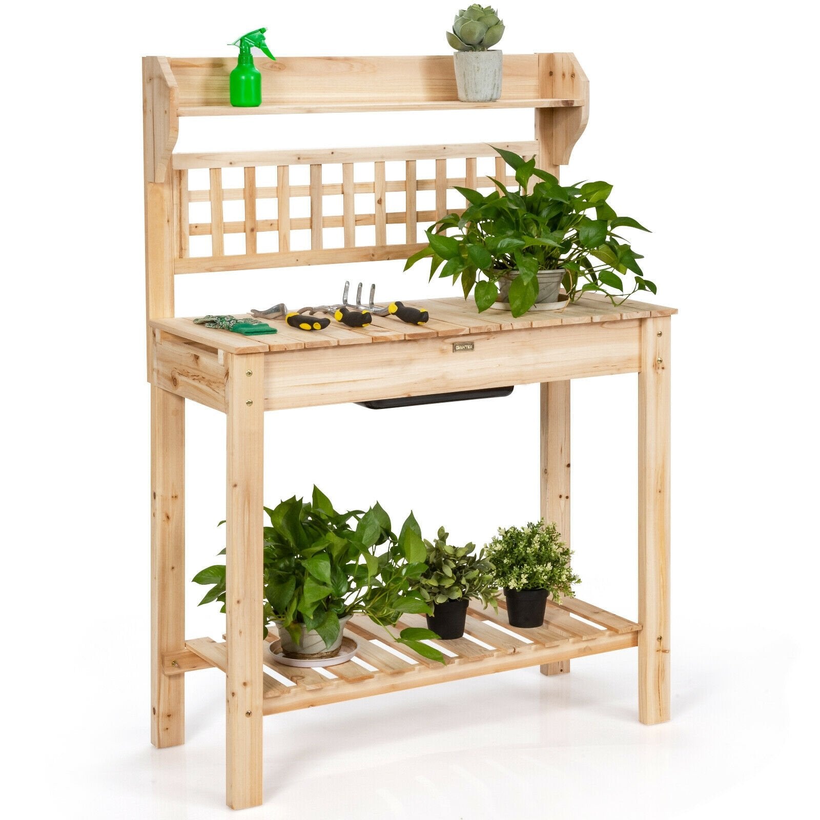 Garden Potting Bench Workstation Table with Sliding Tabletop Sink Shelves, Natural Potting Benches & Tables Natural at Gallery Canada