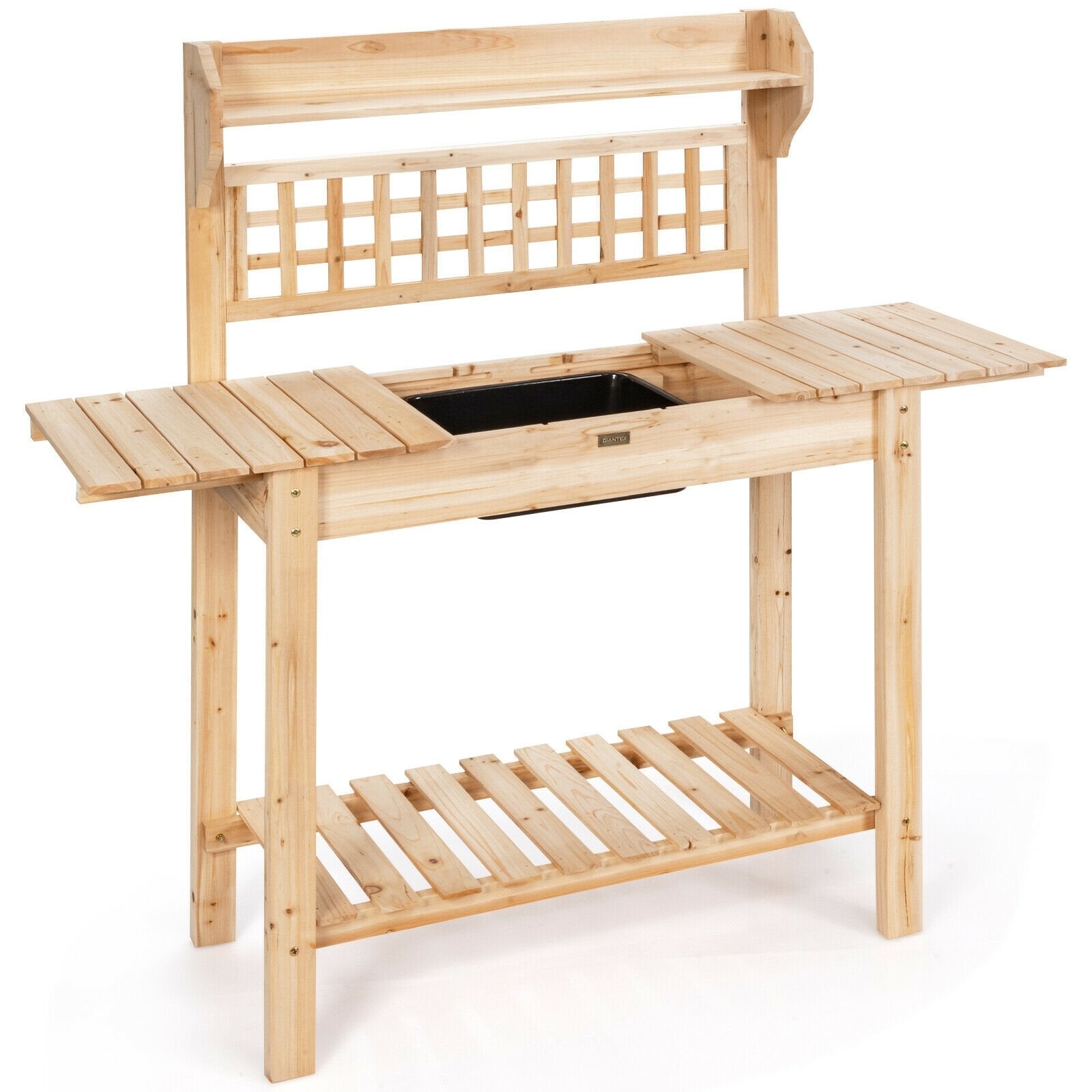 Garden Potting Bench Workstation Table with Sliding Tabletop Sink Shelves, Natural Potting Benches & Tables   at Gallery Canada