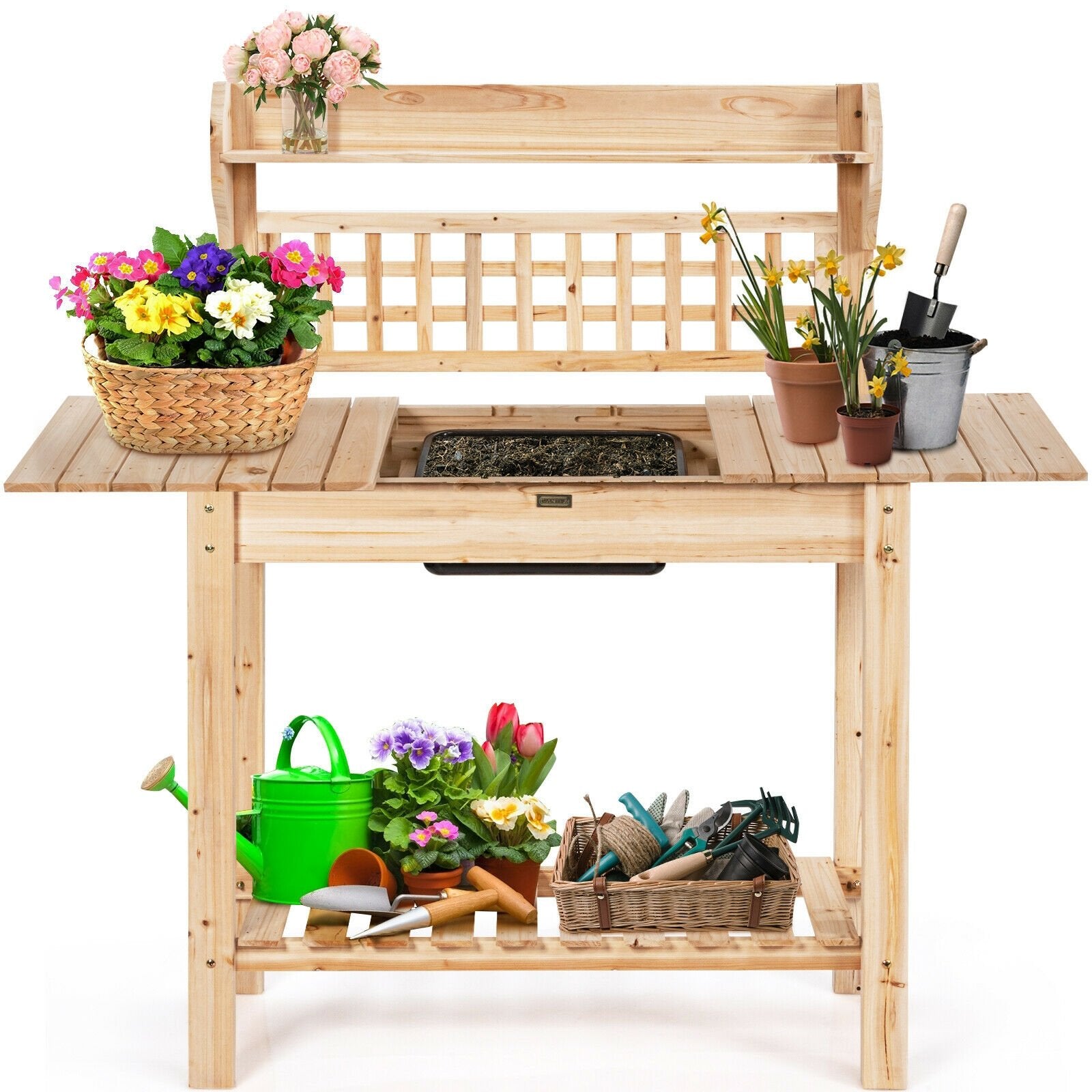 Garden Potting Bench Workstation Table with Sliding Tabletop Sink Shelves, Natural Potting Benches & Tables   at Gallery Canada