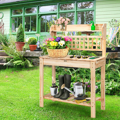 Garden Potting Bench Workstation Table with Sliding Tabletop Sink Shelves, Natural - Gallery Canada