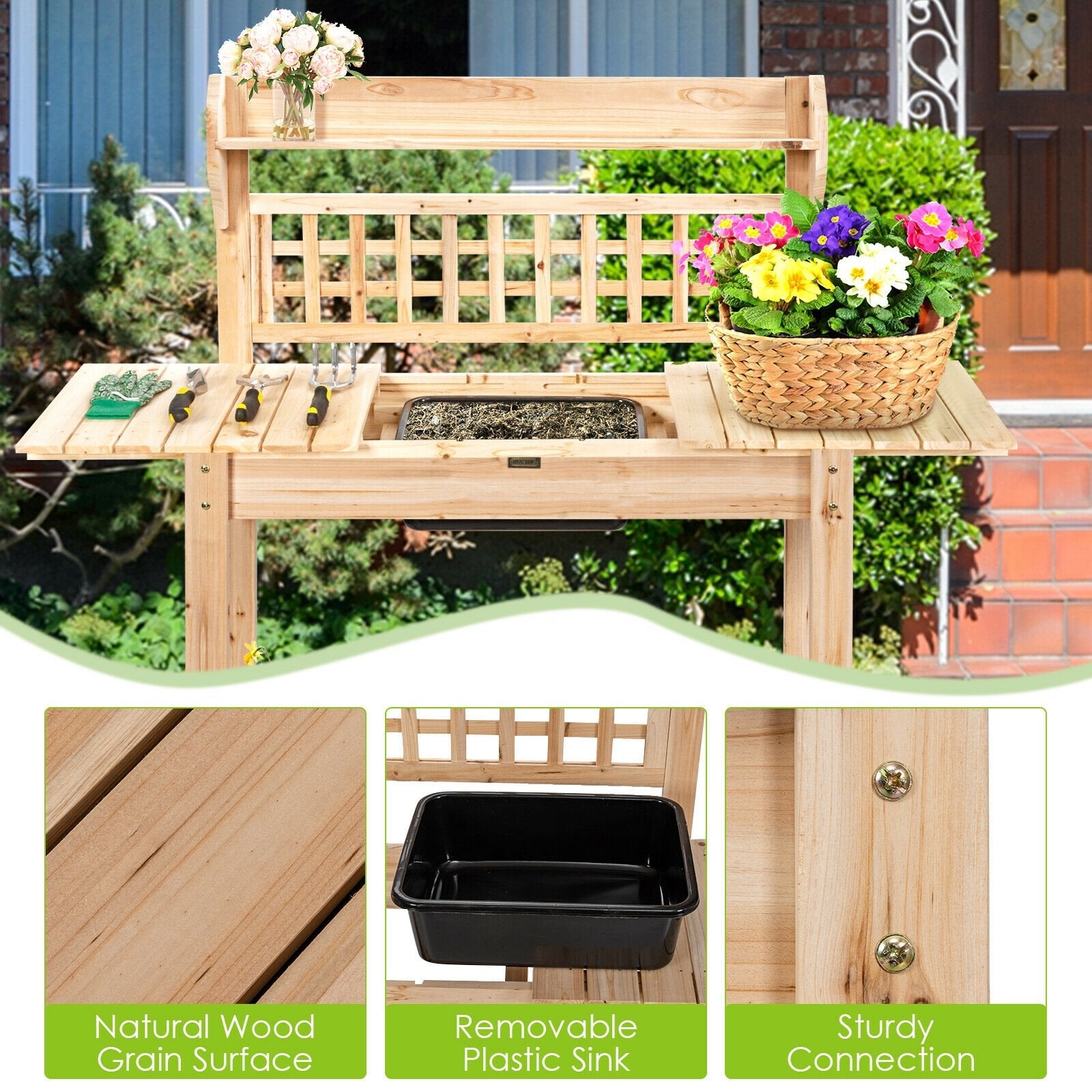 Garden Potting Bench Workstation Table with Sliding Tabletop Sink Shelves, Natural Potting Benches & Tables   at Gallery Canada