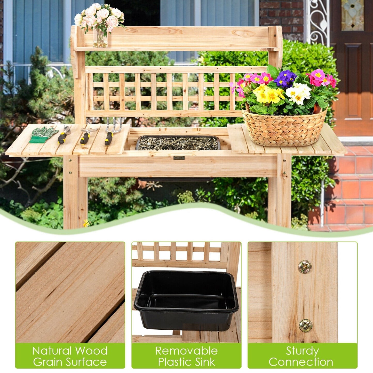 Garden Potting Bench Workstation Table with Sliding Tabletop Sink Shelves, Natural Potting Benches & Tables   at Gallery Canada