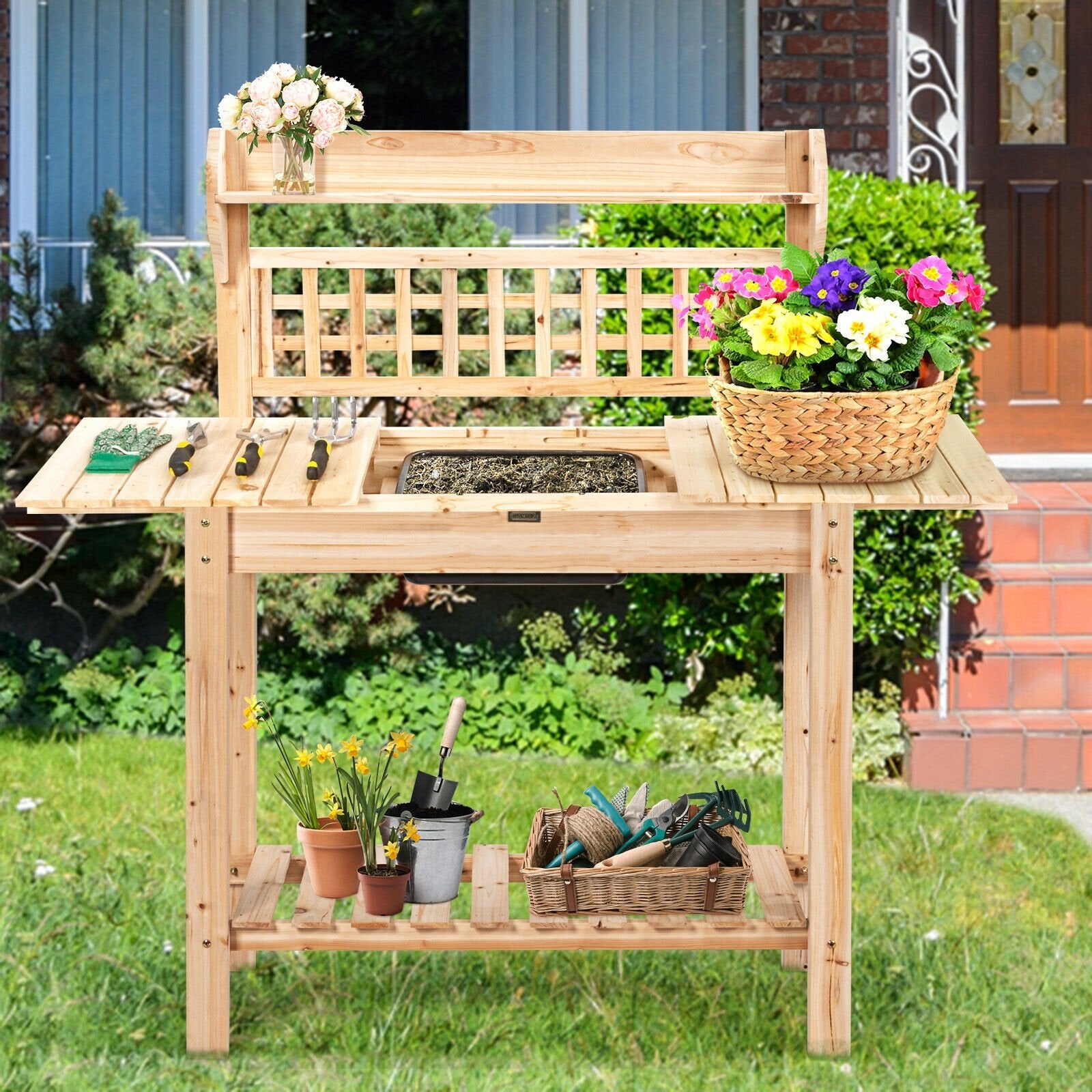 Garden Potting Bench Workstation Table with Sliding Tabletop Sink Shelves, Natural Potting Benches & Tables   at Gallery Canada