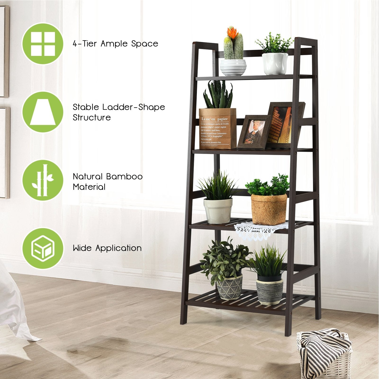 4-Tier Bamboo Plant Rack with Guardrails Stable and Space-Saving, Brown Bookcases   at Gallery Canada