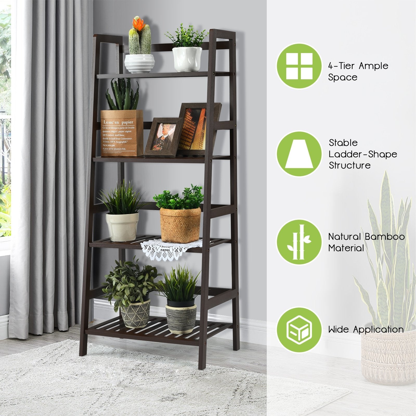 4-Tier Bamboo Plant Rack with Guardrails Stable and Space-Saving, Brown Bookcases   at Gallery Canada