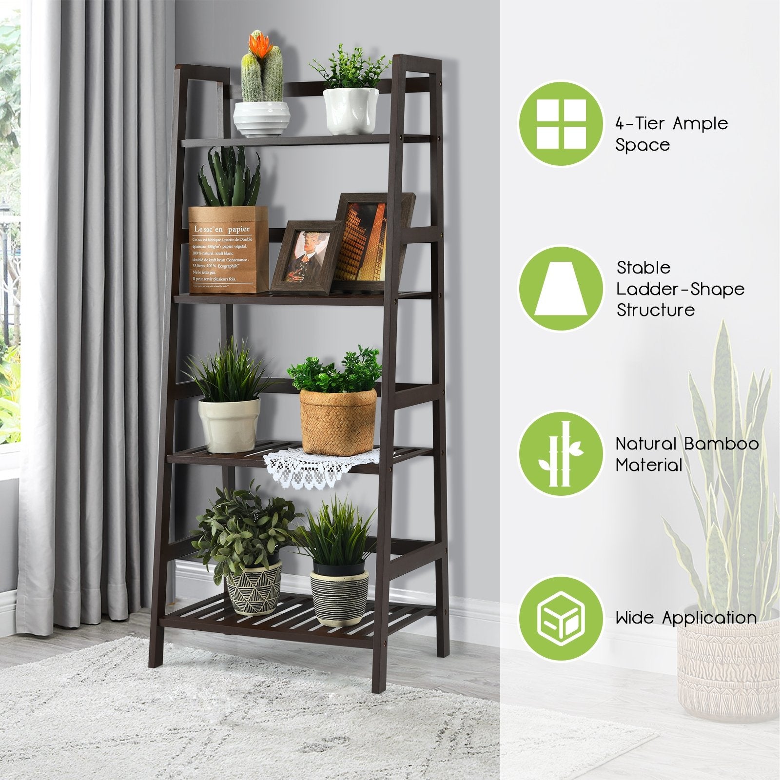 4-Tier Bamboo Plant Rack with Guardrails Stable and Space-Saving, Brown - Gallery Canada