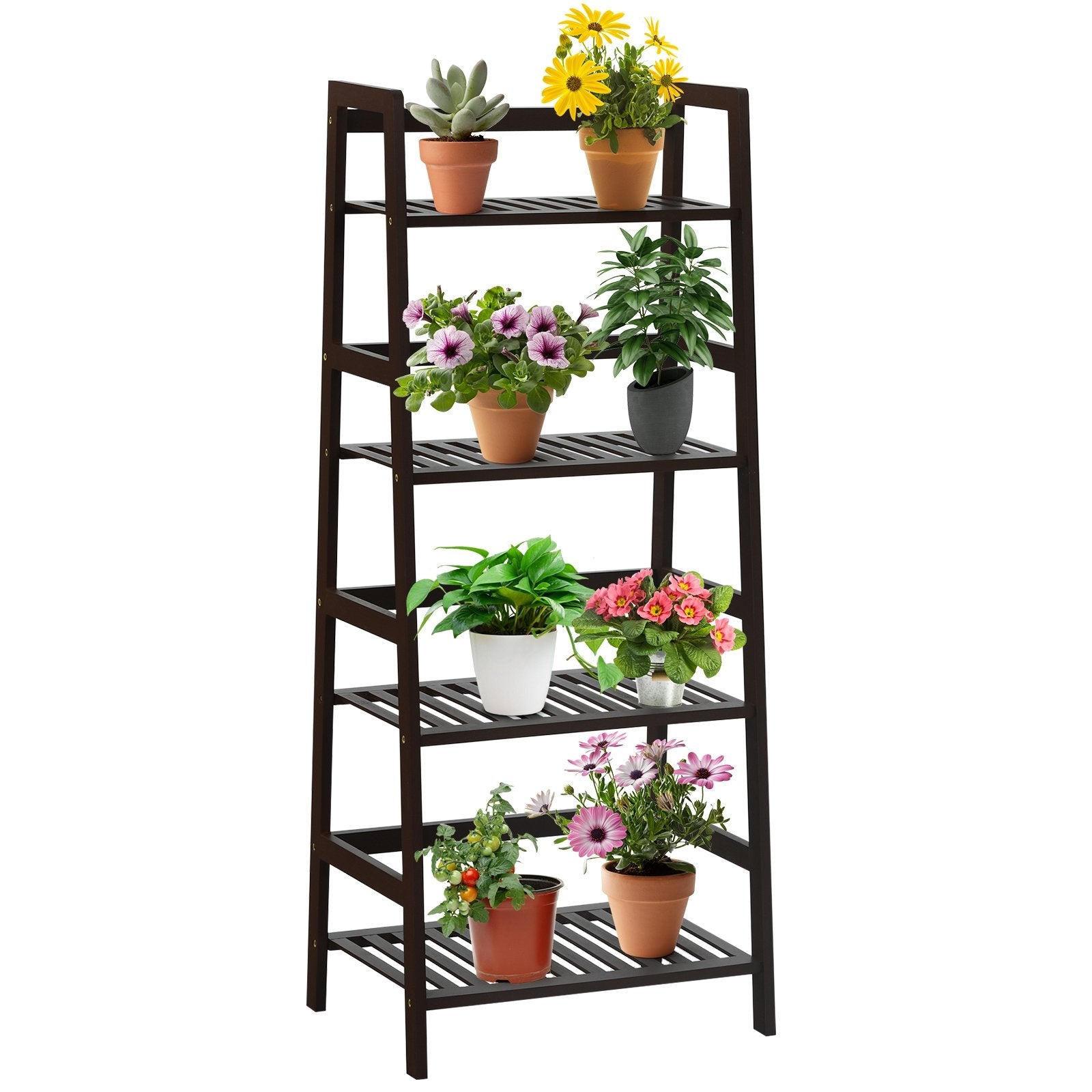 4-Tier Bamboo Plant Rack with Guardrails Stable and Space-Saving, Brown Bookcases   at Gallery Canada