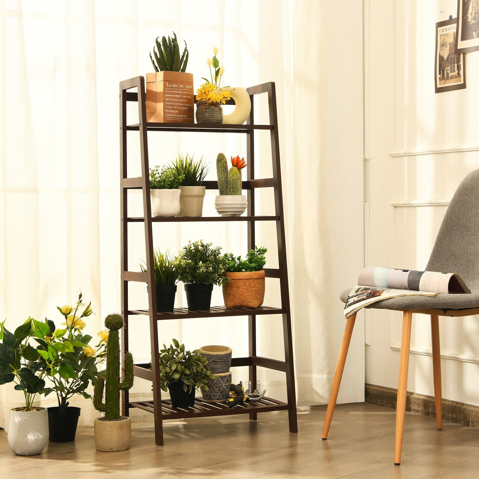 4-Tier Bamboo Plant Rack with Guardrails Stable and Space-Saving, Brown Bookcases   at Gallery Canada