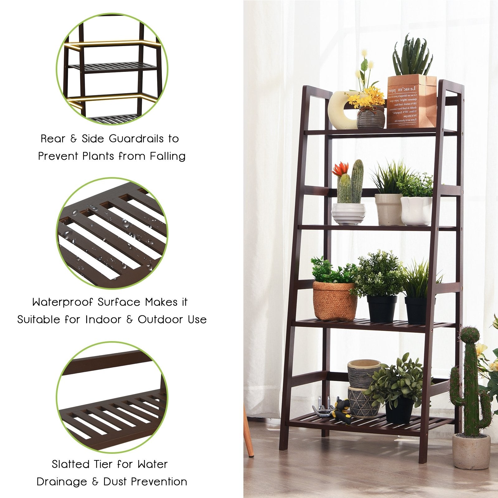 4-Tier Bamboo Plant Rack with Guardrails Stable and Space-Saving, Brown Bookcases   at Gallery Canada