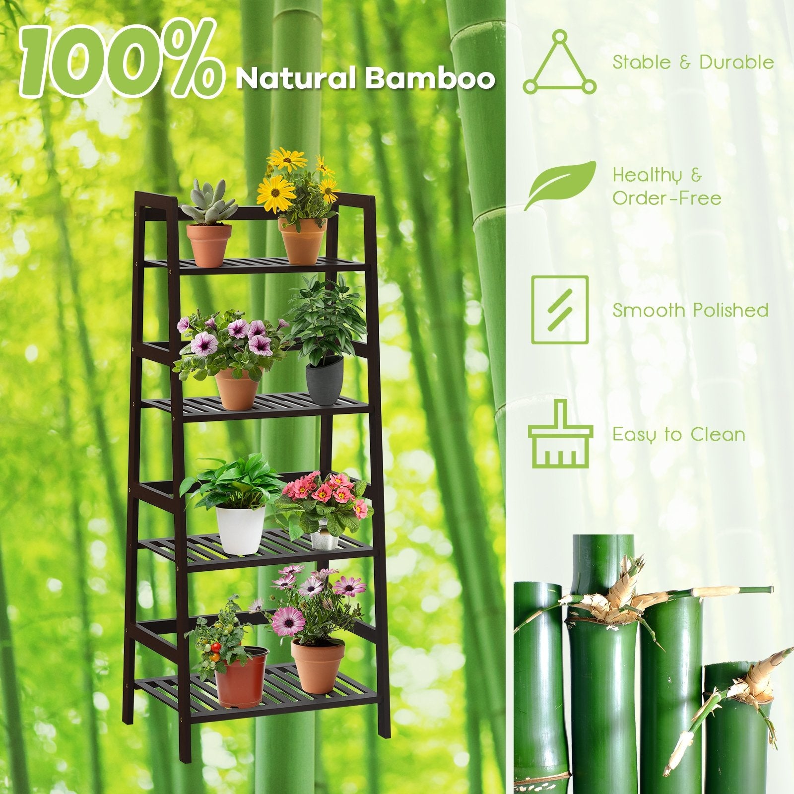 4-Tier Bamboo Plant Rack with Guardrails Stable and Space-Saving, Brown Bookcases   at Gallery Canada