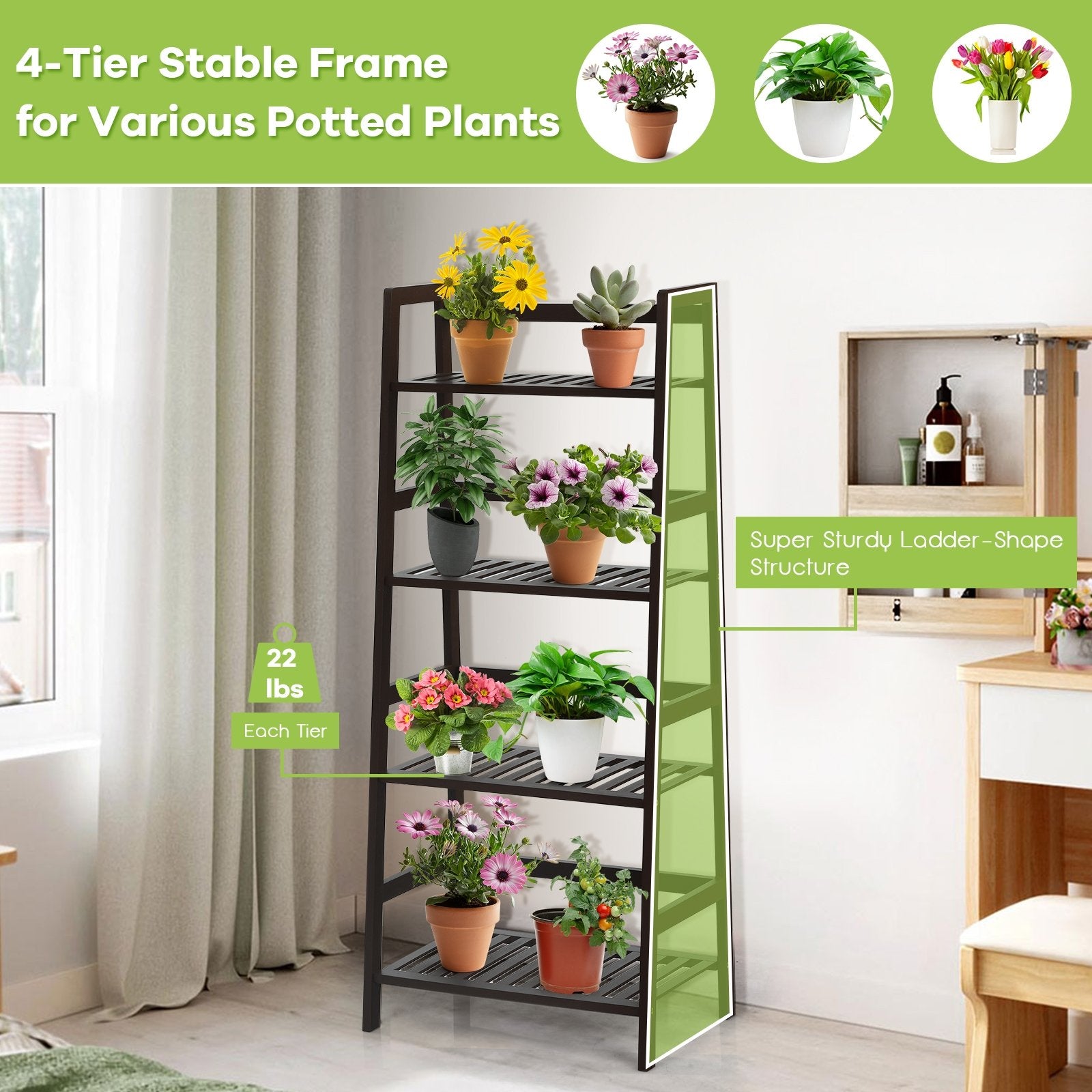 4-Tier Bamboo Plant Rack with Guardrails Stable and Space-Saving, Brown - Gallery Canada