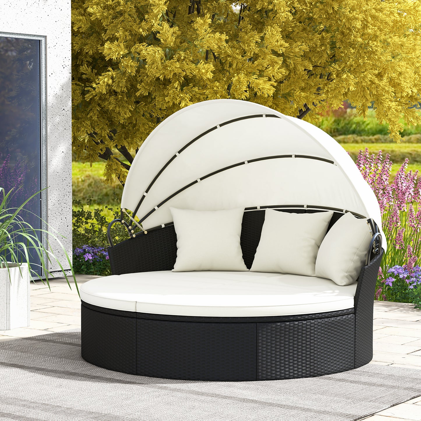 Clamshell Patio Round Daybed Wicker with Retractable Canopy and Pillows, Off White Outdoor Sectionals   at Gallery Canada