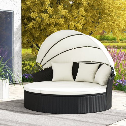 Clamshell Patio Round Daybed Wicker with Retractable Canopy and Pillows, Off White