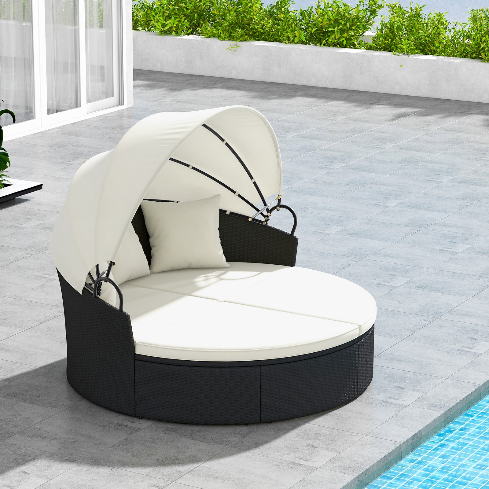 Clamshell Patio Round Daybed Wicker with Retractable Canopy and Pillows, Off White Outdoor Sectionals   at Gallery Canada