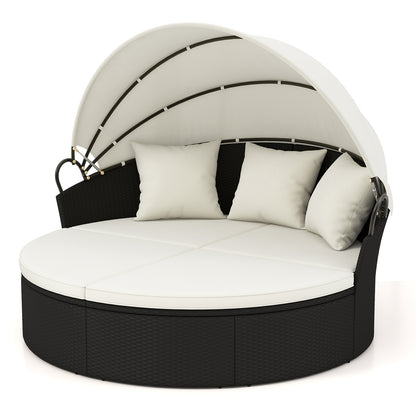 Clamshell Patio Round Daybed Wicker with Retractable Canopy and Pillows, Off White Outdoor Sectionals Off White  at Gallery Canada