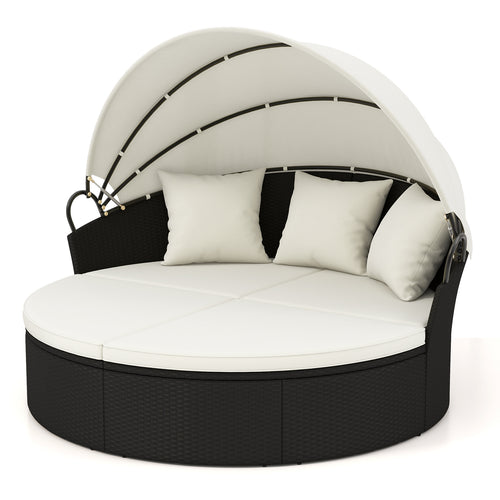 Clamshell Patio Round Daybed Wicker with Retractable Canopy and Pillows, Off White