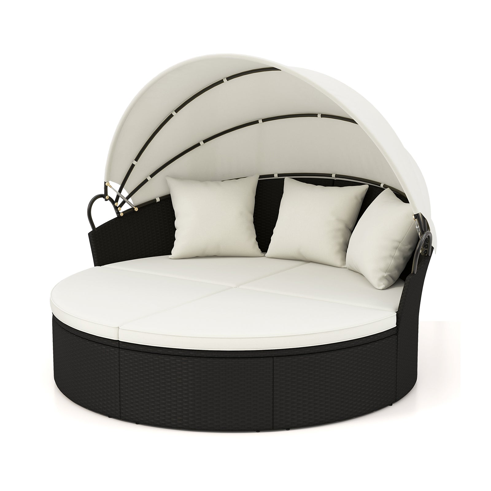 Clamshell Patio Round Daybed Wicker with Retractable Canopy and Pillows, Off White Outdoor Sectionals   at Gallery Canada