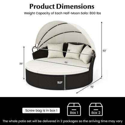 Clamshell Patio Round Daybed Wicker with Retractable Canopy and Pillows, Off White Outdoor Sectionals   at Gallery Canada