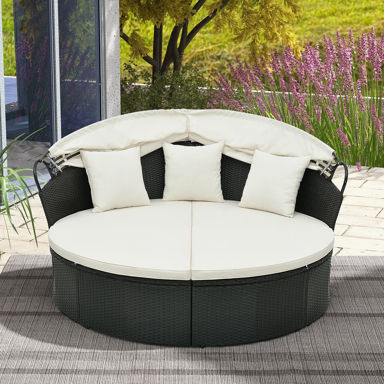 Clamshell Patio Round Daybed Wicker with Retractable Canopy and Pillows, Off White Outdoor Sectionals   at Gallery Canada